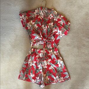 Vintage Hawaiian Floral Red Two-Piece Set